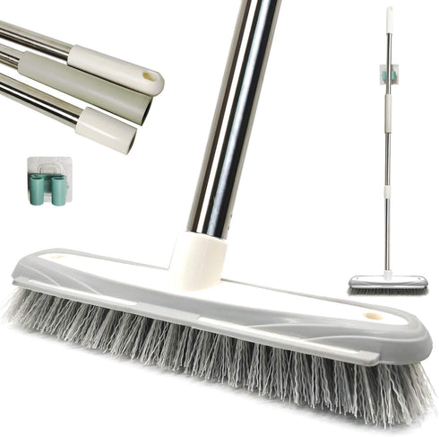 Push Broom with Adjustable Stainless Steel Long Handle - 46.5" for Shower, Patio, Kitchen, Grout, Garage Cleaning