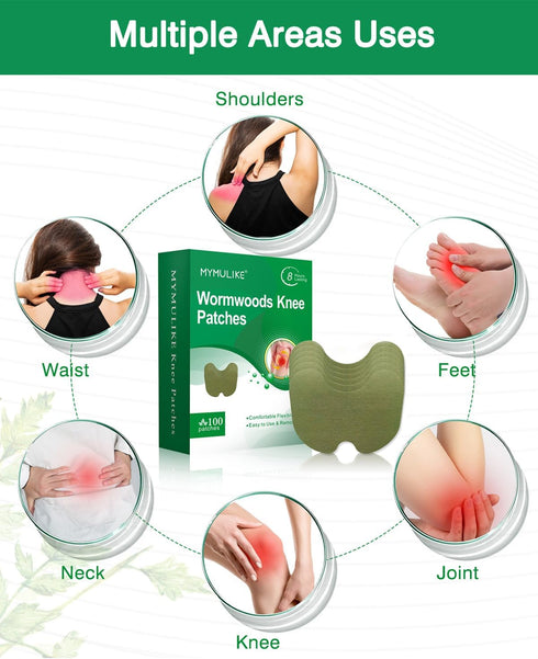 100 Count Knee Patches - Warming Natural Herbal Plaster for Joint Discomfort with Wormwood Extract, Lasting 8 Hours for