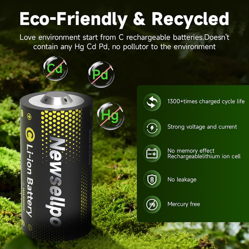 Newsellpo 4 Pack, 1.5V 5000mWh LR14 4-in-1 Rechargeable C Batteries Lithium C Size Battery C Cell with USB-C Charging