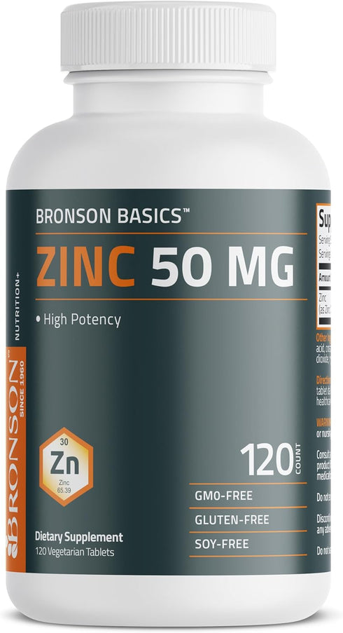 Bronson Zinc 50 MG High Potency - Supports Immune, Antioxidant & Skin Health - Non-GMO, 120 Vegetarian Tablets
