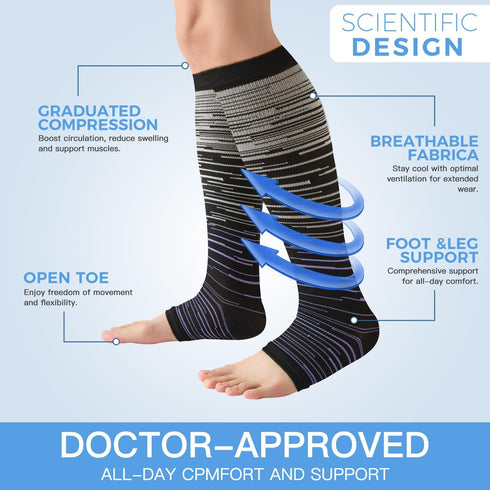 Owcorowan 3 15-20 mmhg Pairs Open Toe Compression Socks for Men & Women - Knee High Stockings for Circulation Support