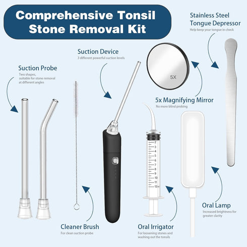 Electronic Vacuum Tonsil Stone Remover - Tonsil Stone Removal Kit with Oral Lamp, Irrigator, 5X Magnifying Mirror