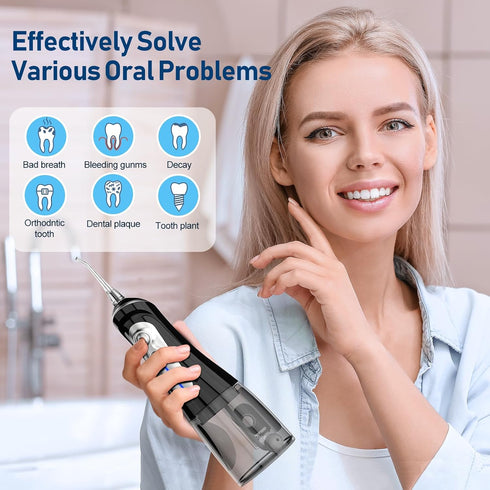 Water Dental Flosser Cordless for Teeth Pick Cleaning - Powerful Oral Irrigator with 6 Adjustable Modes,320ML Portable & Rechargeable IPX7 Waterproof Cleaner Picks for Home Travel (Black)