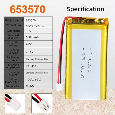 3.7V 1800mAh 653570 Lipo Battery Rechargeable Lithium Polymer Pack with JST Connector