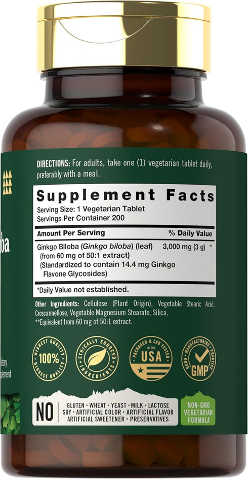 Carlyle Ginkgo Biloba | 3000mg Per Serving | 200 Tablets Extra Strength | Vegetarian | Non-GMO & Gluten Free Supplement | Tahoe Nutritionals