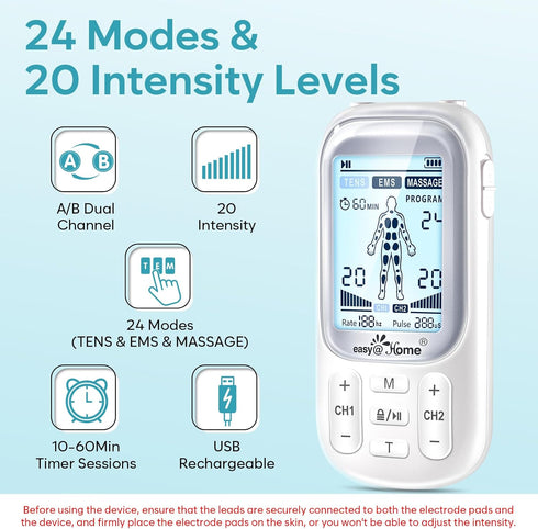 Easy@Home Electronic TENS Unit: Pain Relief Therapy - EMS Pulse Massager Rechargeable Machine - Dual Channel, 24 Modes,