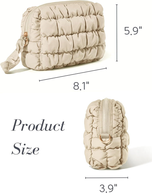 Quilted Makeup Bag Cosmetic Bag, Travel Toiletry Bag for Women, Cute Makeup Bag Organizer Puffer Makeup Pouch (M, Beige)