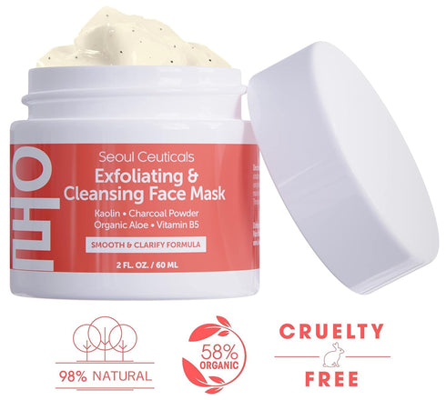 SeoulCeuticals Korean Face Scrub, 2oz, Exfoliating Face Mask for Glass Skin - Kaolin Clay + Charcoal Cream Exfoliant