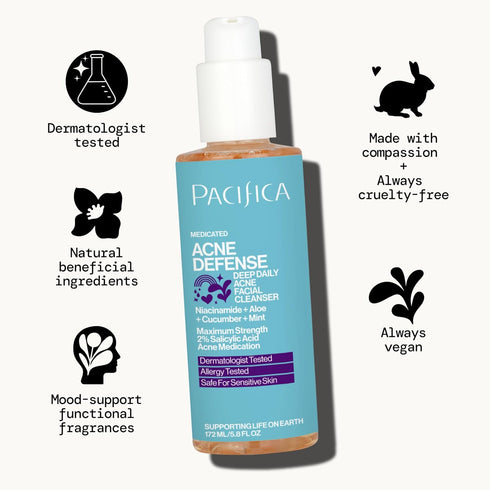 Pacifica Acne Defense Face Wash - Deep Pore Purifying Cleanser with 2% Salicylic Acid, Niacinamide & Cucumber for
