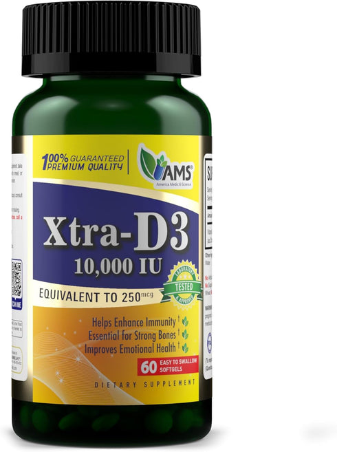 America Medic & Science Xtra D3 Vitamin D 10,000 IU (250 mcg), 60 Easy to Swallow Softgels | Bone and Heart Health