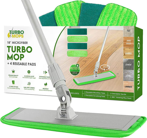 Turbo Microfiber Mop Floor Cleaning System, 18-inch Dust Mop with 4 Reusable Pads for Hardwood and Tile