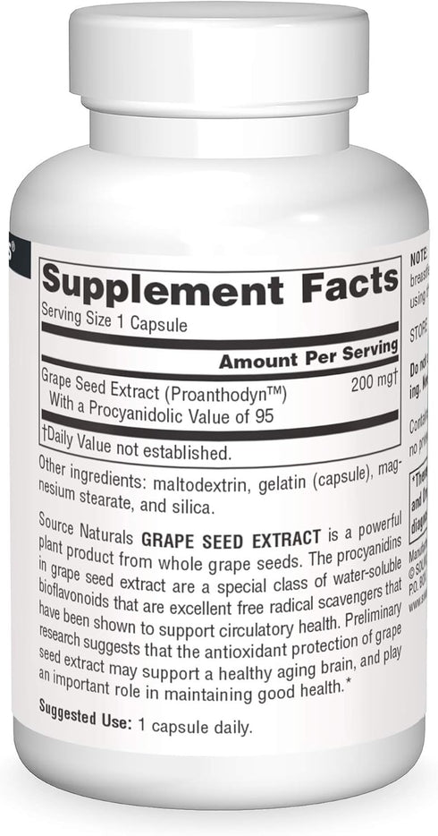 Source Naturals Proanthodyn Grape Seed Extract, 200 mg, 60 Capsules for Antioxidant Protection