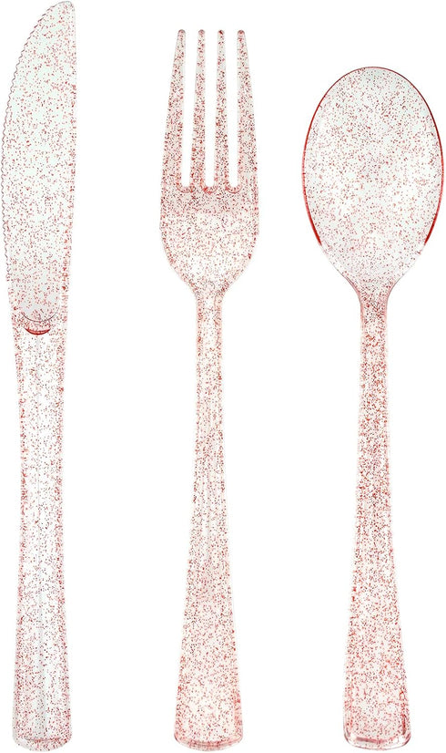 180PCS Rose Gold Plastic Silverware Set, Disposable Glitter Cutlery, Includes 60 Forks, 60 Spoons, 60 Knives for Party