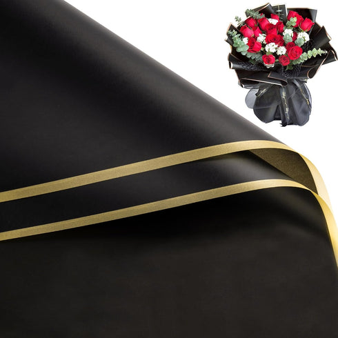 RUSPEPA 20 Sheets Flower Wrapping Paper - Black - Gold Edge Waterproof Floral Bouquet Packaging for Birthday, Wedding,