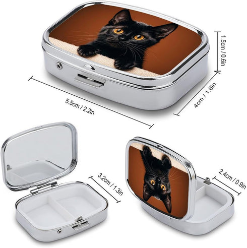 STVNKML 2 Cute Peeping Black Cat Pill Box Travel Pill Organizer Compartment Weekly Pill Case with Mirror A Day Medicine