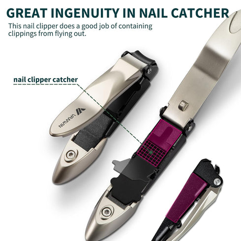 Nail Clippers with Catcher, No Splash Fingernail Toenail Clippers with Sharp Curved Blade and Glass Nail File, Wide Jaw Opening Stainless Steel Nail Cutter Trimmer for Seniors Adult Men Women