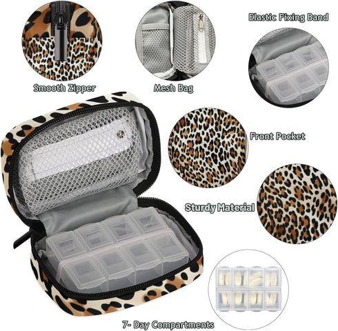 Skonsati 7 Leopard Cheetah Print Weekly Pill Organizer Pill Caes Bag Day Medicine Container Case with Removable Pill