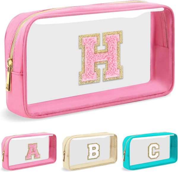 Personalized Initial Letter Clear Makeup Bag - Preppy Small Nylon & PVC Cosmetic Zipper Bag for Travel