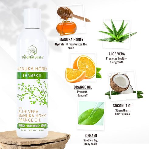 Wild Naturals Manuka Honey Shampoo for Eczema & Psoriasis, Hydrating Sulfate-Free with Aloe Vera & Coconut Oil