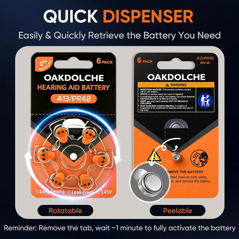 OAKDOLCHE 13, 90 Count, 1.4V Hearing Aid Batteries Size Mercury Free Zinc Air, Long Lasting & Easy to Open