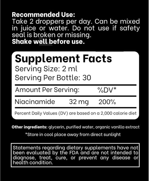 Vitamin B3 Niacinamide Liquid - Non Flush Form of B3 Niacin Drops for Women and Men, Easy to Swallow 2oz (60ml)