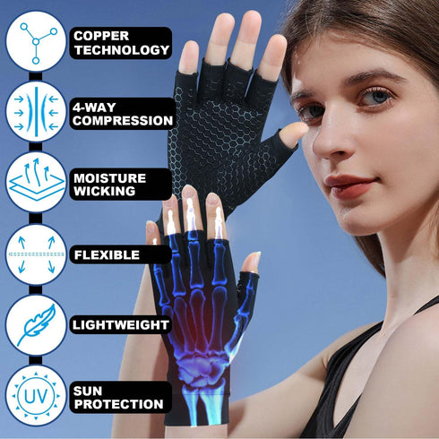 2 Pairs Copper Arthritis Gloves for Carpal Tunnel Pain Relief, Compression Gloves to Alleviate Hand Pain, Swelling, Fingerless Computer Typing Gloves for Rheumatoid, Tendonitis Women & Men (Medium)