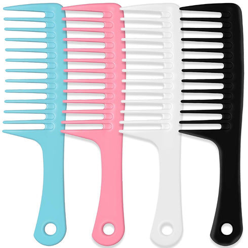 4PCS Wide Tooth Comb - Large Hair Detangling Comb Set for Curly, Wet, Long Hair (Blue, Pink, White, Black)