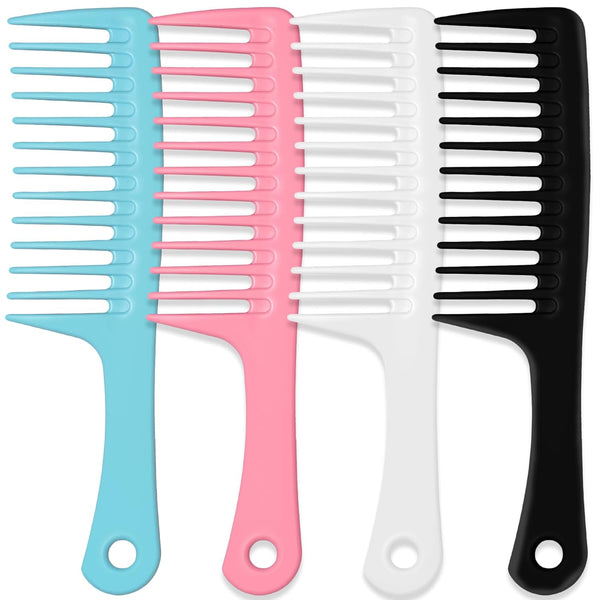 4PCS Wide Tooth Comb - Large Hair Detangling Comb Set for Curly, Wet, Long Hair (Blue, Pink, White, Black)