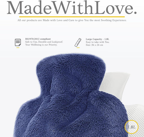 Qomfor 2L Hot Water Bottle - with Soft Premium Fleece Cover - Lake Blue, - Heating Pad for Menstrual Cramps and Period