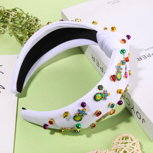 Mexican Beaded Headband for Women, Cinco De Mayo Fiesta Headband with Crystal Knots (Avocado)