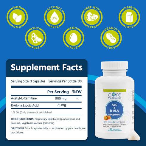 Core Med Science Liposomal ALC & R-ALA Supplement Capsules - Acetyl-L-Carnitine & R-Alpha Lipoic Acid (90 Count)