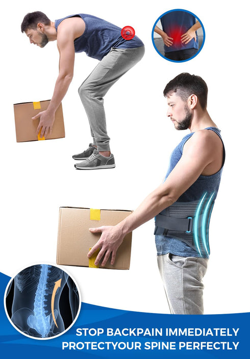 Back Brace for Lower Back Pain Relief with Lumbar Pad for Men and Women - Gray/Blue, S/M Fit
