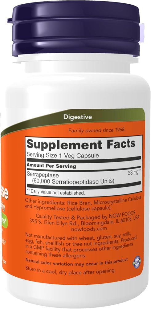 NOW Supplements, Serrapeptase 60,000 Units of Activity, Promotes Respiratory Health and Immune Function*, 60 Veg Capsules