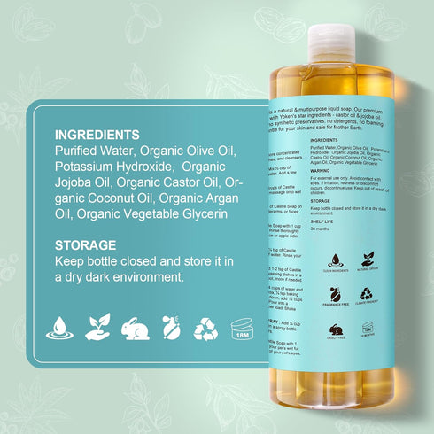 Yoken Pure Castile Soap Liquid, Unscented, 67 fl oz, Organic Oil, Vegan, Natural Multi-purpose Soap