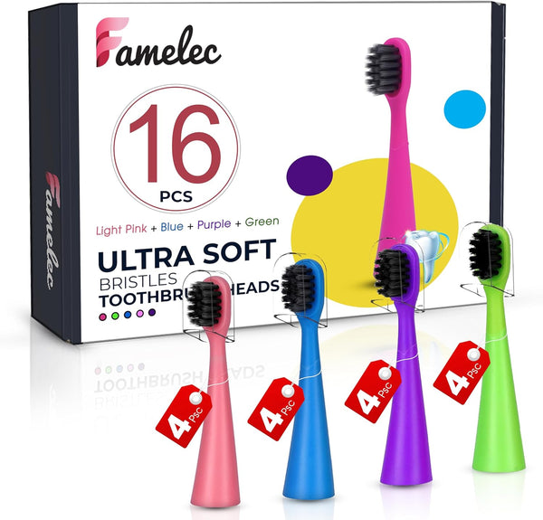16 Pack Electric Toothbrush Heads for Burst Kids, Ultra Soft Bristles, Perfect Fit, Mix Color Pink/Green/Blue/Purple