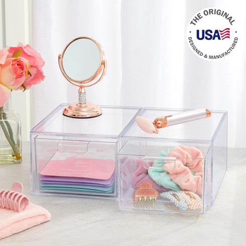 STORi Audrey Stackable Clear Bin Plastic Organizer Drawers | 2 Piece Set | Organize Cosmetics and Beauty Supplies on