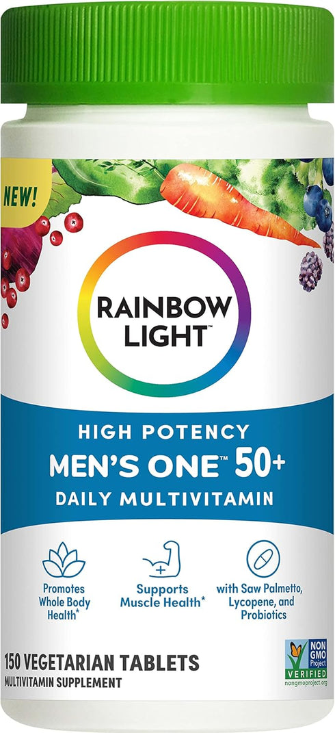 Rainbow Light Multivitamin for Men 50+, Vitamin C, D & Zinc, Probiotics, High Potency Immune Support, Non-GMO, 150