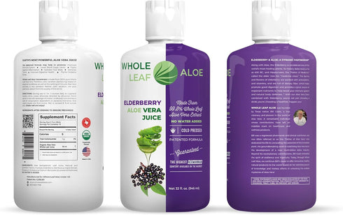 Whole Leaf Aloe Vera Juice with Organic Elderberry Extract Patented Formula, High Acemannan Content, and NO Water