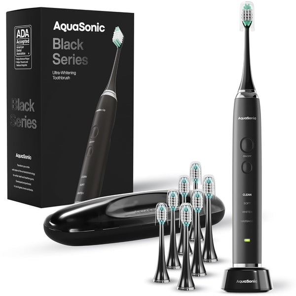 Aquasonic Black Series Ultra Whitening Toothbrush - ADA Accepted Electric Toothbrush with 8 Brush Heads & Travel Case