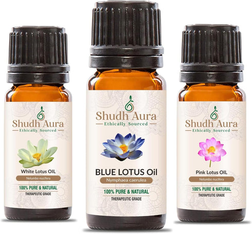 Shudh Aura Lotus Essential Oil Combo Pack, Set of 3 Bottles, Pink Lotus, Blue