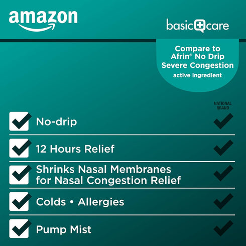 Amazon Basic Care No Drip Severe Congestion Nasal Pump Mist Spray - 12 Hour Relief, 1 fl oz