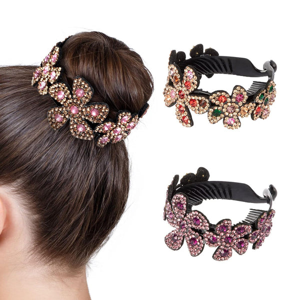 ISKYBOB 2 Pieces Rhinestone Flower Ponytail Holder Twist Bun Shaper Hair Grips Claw, Wine Red + Multicolored