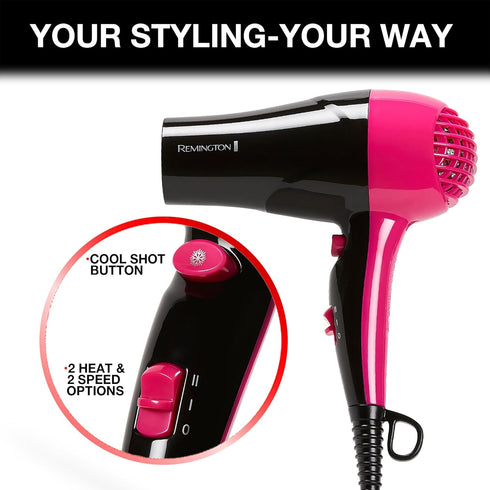 Remington Compact Styler - Small & Portable Hair Dryer, Ceramic Blow Dryer with 2 Heat/Speed Settings, Travel Size