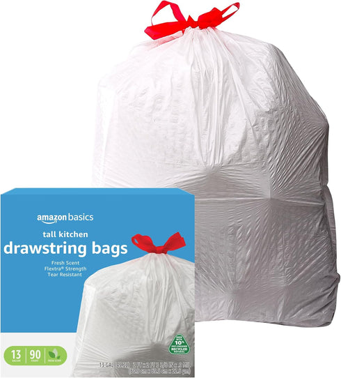 Amazon Basics Flextra Tall Kitchen Drawstring Trash Bags, 13 Gallon, 90 Count, Clean Fresh Scent, 10% Recycled Content