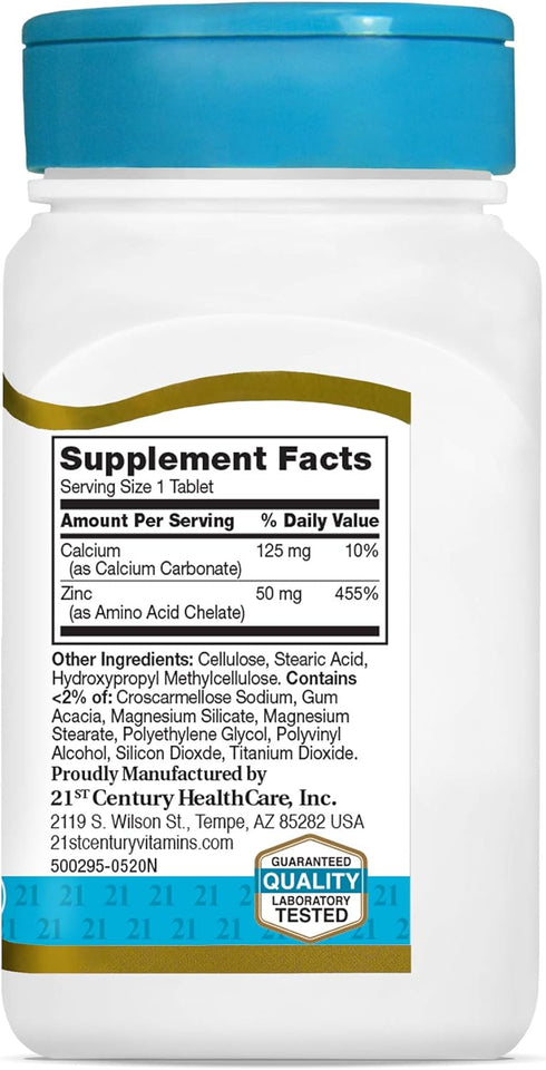 21st Century Zinc 50 Mg (Chelated) Tablets - 110 Count for Daily Nutritional Support.