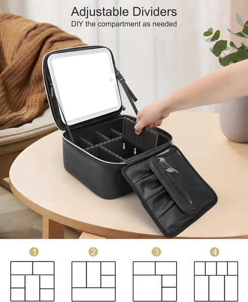 Relavel Makeup Bag with Light Up Mirror, Travel Cosmetic Organizer, Rechargeable Vanity Mirror with 3 Color Lights