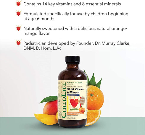 CHILDLIFE ESSENTIALS Kids Liquid Multivitamin and Mineral Supplement, 8 Ounce Bottle, Natural Orange & Mango Flavor