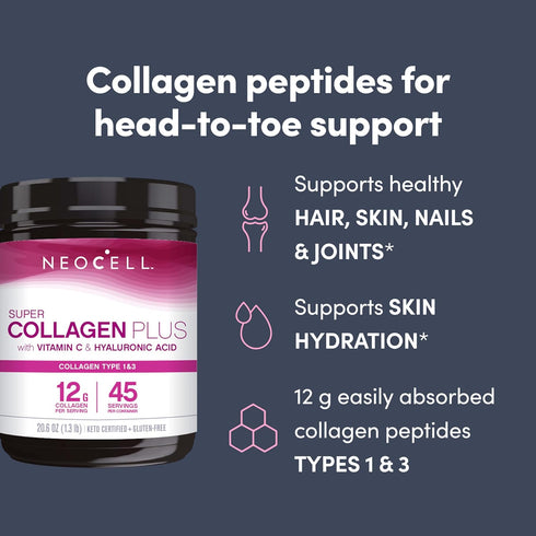 NeoCell Super Collagen Powder, Collagen Plus with Vitamin C & Hyaluronic Acid, Supports Healthy Hair, Skin & Nails, 12g