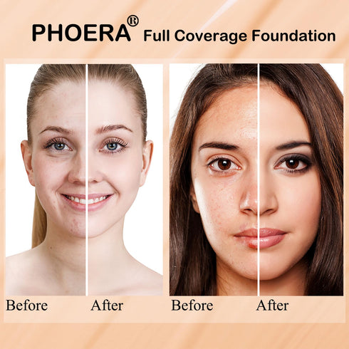 PHOERA Matte Liquid Foundation Full Coverage with Kabuki Makeup Brushes, 101 Porcelain + 102 Nude