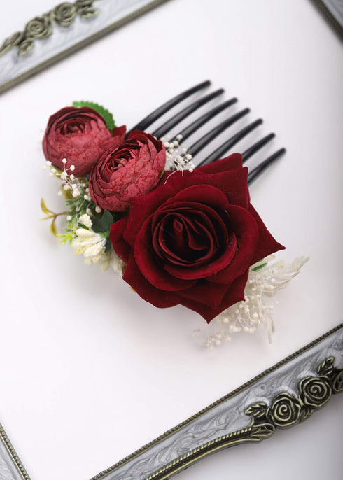 Kercisbeauty Red Rose Burgundy Hair Comb, Vintage Bridal Floral Headband for Women Girls Party